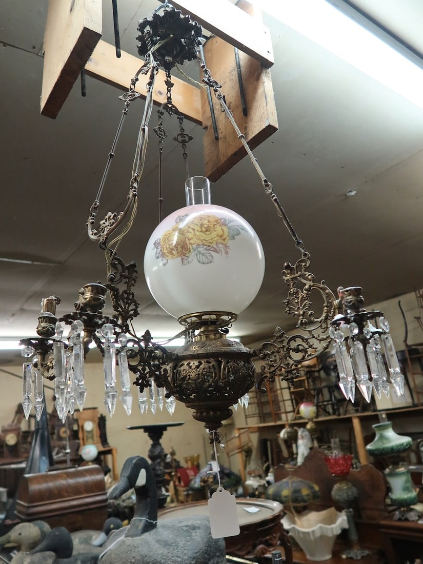 Ornate Kerosene Hanging Lamp w/ Ball Shade (1 of 3)