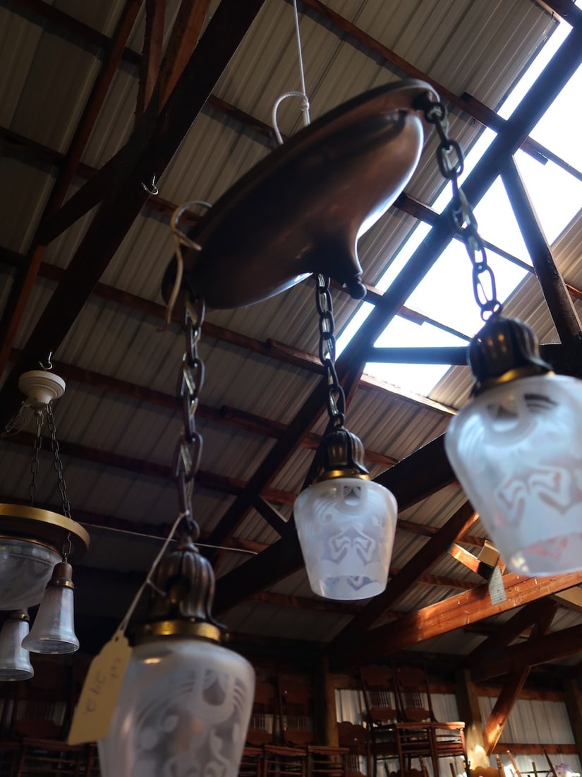 Brass Pan Fixture w/ Etched Shades (1 of 3)