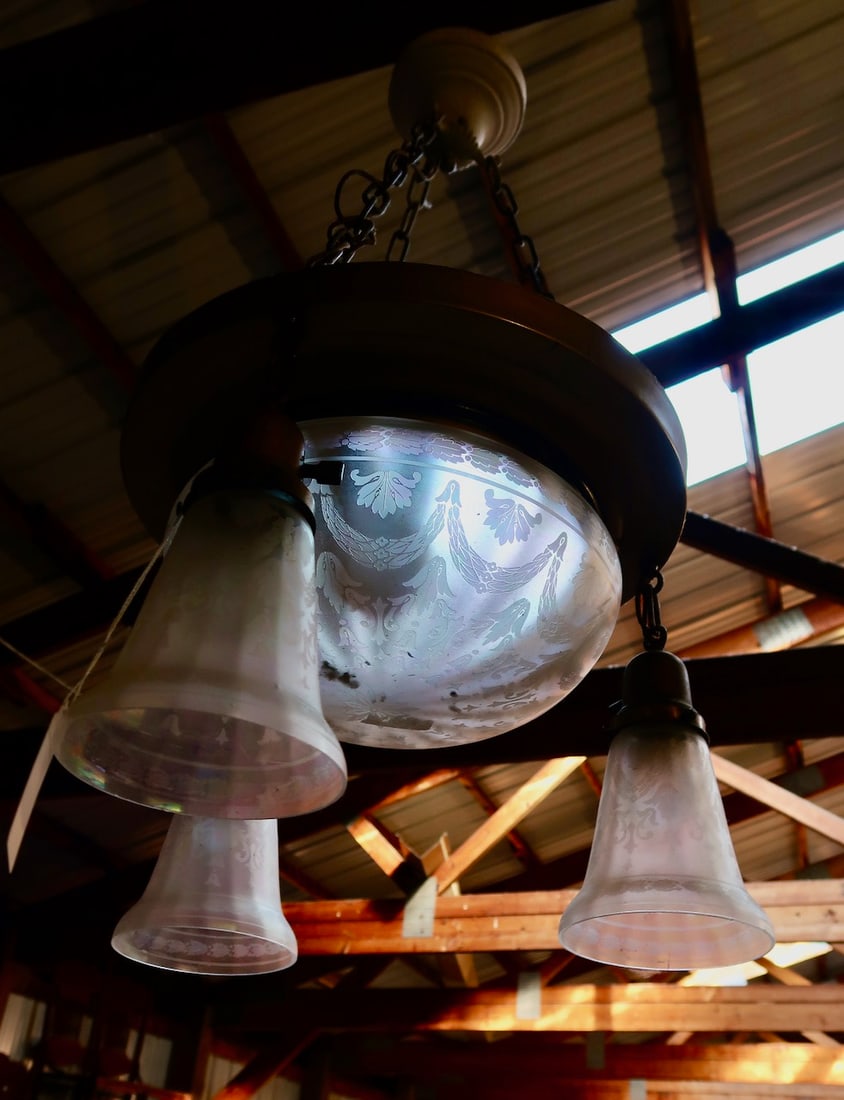 Brass Ceiling Fixture w/ Irradescdent Dome + Shades (1 of 2)