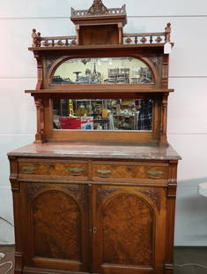 Carved Burled Walnut East Lake Sideboard: 77" T x 42" W x 20" D