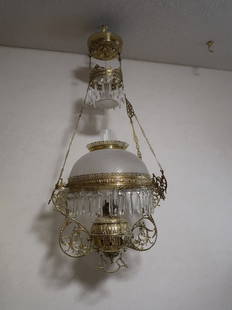 Restored Victorian Hanging Lamp w/ Acid Etched Shade & Smoke Bell: 41" Drop x 20" W x 14" Shade