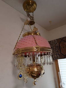 Victorian Hanging Lamp w/ Pink Hobb Nail Shade & Jeweled Frame: 35" Drop x 17" Frame x 14" Shade