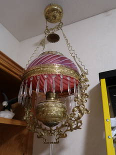 Victorian Hanging Lamp w/ Cranberry Swirled Shade: 40" Drop x 19" W x 14" Shade