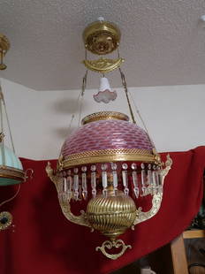 Victorian Hanging Lamp w/ Cranberry Shade & Figural Angels Holding Torches: 36" Drop x 18" W x 14" Shade