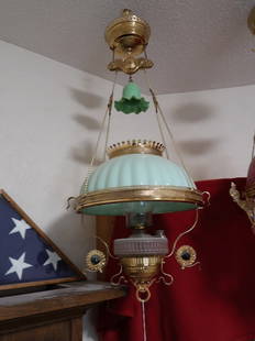 Victorian Hanging Lamp w/ 2 Jewels on Frame & Green Case Glass Smoke Bell Shade: 36" Drop x 15" W x 14" Shade