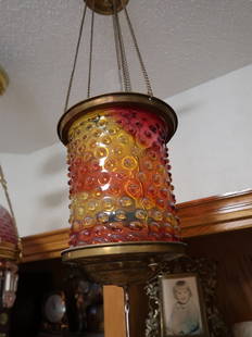 Unusual Amber & Cranberry Swirl Hobnail Hall Light w/ Original Kerosene Insert: 30" Drop x 8" Round