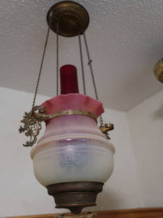 Original Victorian Hall Light w/ Pink Acid Etched Ruffle Shade and Cranberry Chimney: 24" Drop x 7" Shade