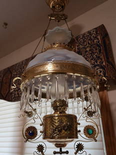 Victorian Jeweled Hanging Lamp w/ Opalescent White Shade: 36" Drop x 18" W x 14" Shade