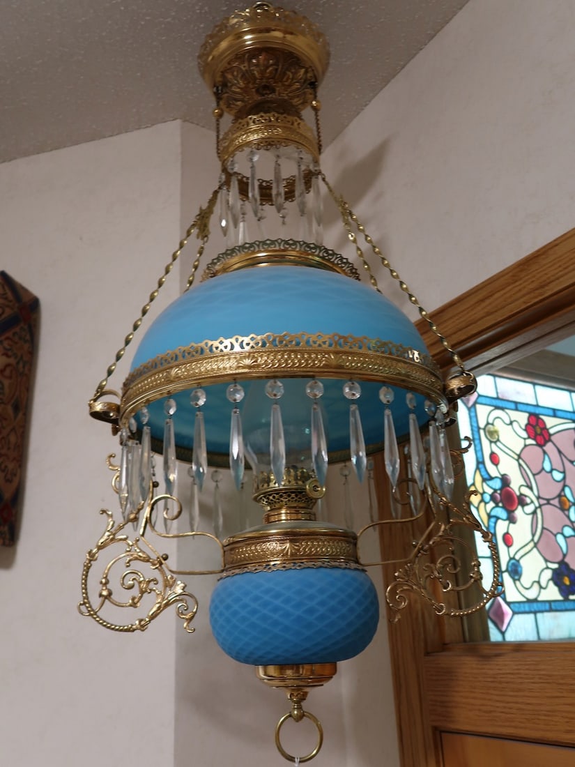 Victorian Hanging Lamp w/ Quilted Aqua Blue Font & Shade (1 of 4)