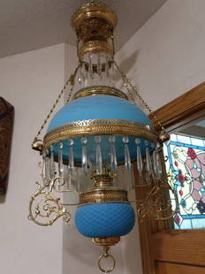 Victorian Hanging Lamp w/ Quilted Aqua Blue Font & Shade: 35" Drop x 18" W x 14" Shade