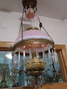 Small Original Victorian Hanging Lamp w/ Satin Glass Pink Shade & Smoke Bell: 31" Drop x 12" Shade