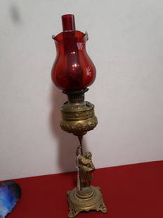 Figural Banquet Lamp w/ Cranberry Shade & Chimney: 23" T x 7" Shade