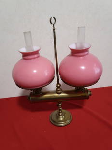 Early Double Student Lamp w/ Pink Case Glass Shades: 21" T x 17" W x 8" Shades