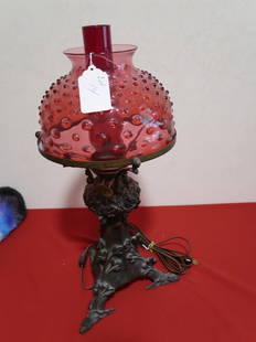 Heavy Bronze Kerosene Lamp w/ Cranberry Hobnail Shade & Chimney w/ Serpent Feet: 23" T x 10" Base