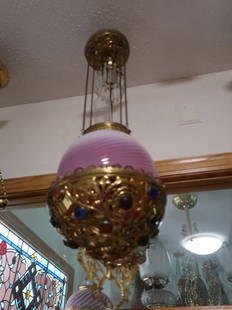 Jeweled Victorian Hall Light w/ Swirled Pink & White Opalescent Shade: 32" Drop x 10" Round