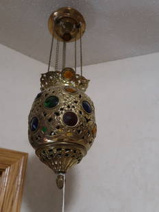 Small Victorian Jewelled Hanging Lamp: 22" Drop x 6" Round