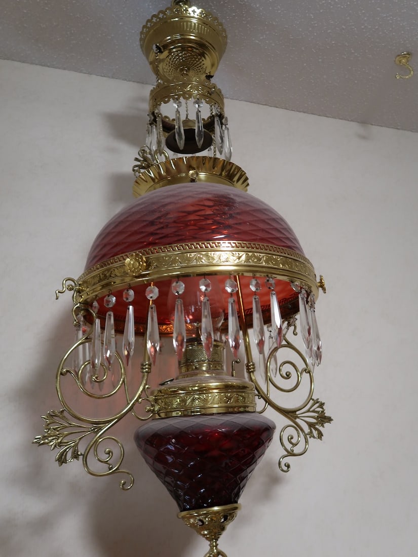 Rare Quilted Cranberry Victorian Hanging Lamp w/ Cone Shaped Faunt (1 of 4)
