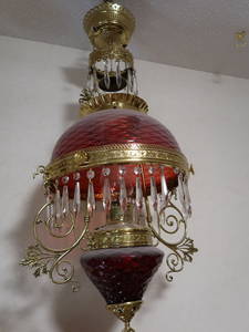 Rare Quilted Cranberry Victorian Hanging Lamp w/ Cone Shaped Faunt