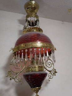 Rare Quilted Cranberry Victorian Hanging Lamp w/ Cone Shaped Faunt: 36" Drop x 14" Quilted Cranberry Shade