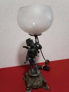 Cupid Gas Lamp w/ Original Etched Shade (Electrified): 20.5" T x 8" Shade (As Is)