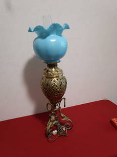 Ornate Brass Banquet Lamp w/ Figural Tripod Base & Blue Aqua Ruffled Shade: 30" T x 8" Shade