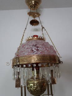 Victorian Hanging Lamp w/ East Lake Style Frame & Unusual Hobnail Tornado Shade: 36" Drop x 16" W x 14" Shade