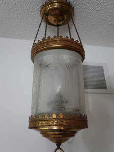 Acid Etched Victorian Hall Light w/ Etched Panels: 24" Drop x 8" Round