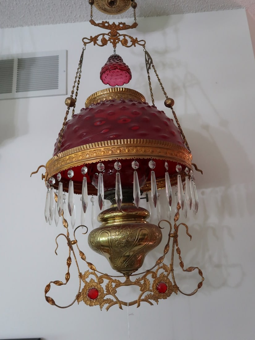 Victorian Hobnail Hanging Lamp w/ Jeweled Frame & Cranberry Gas Shade (1 of 5)