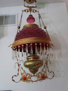 Victorian Hobnail Hanging Lamp w/ Jeweled Frame & Cranberry Gas Shade: 38" Drop x 15" W x 14" Shade