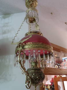 Cast Brass Victorian Hanging Lamp w/ Swirled Cranberry Shade: 43" Drop x 18" W x 14" Shade