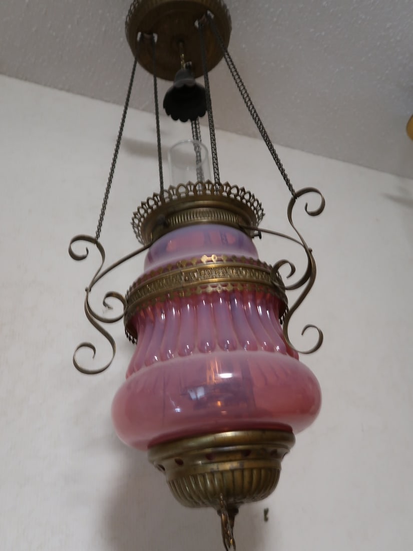 Victorian Hanging Lamp w/ Unusual Pink Opalascent Shade (1 of 4)