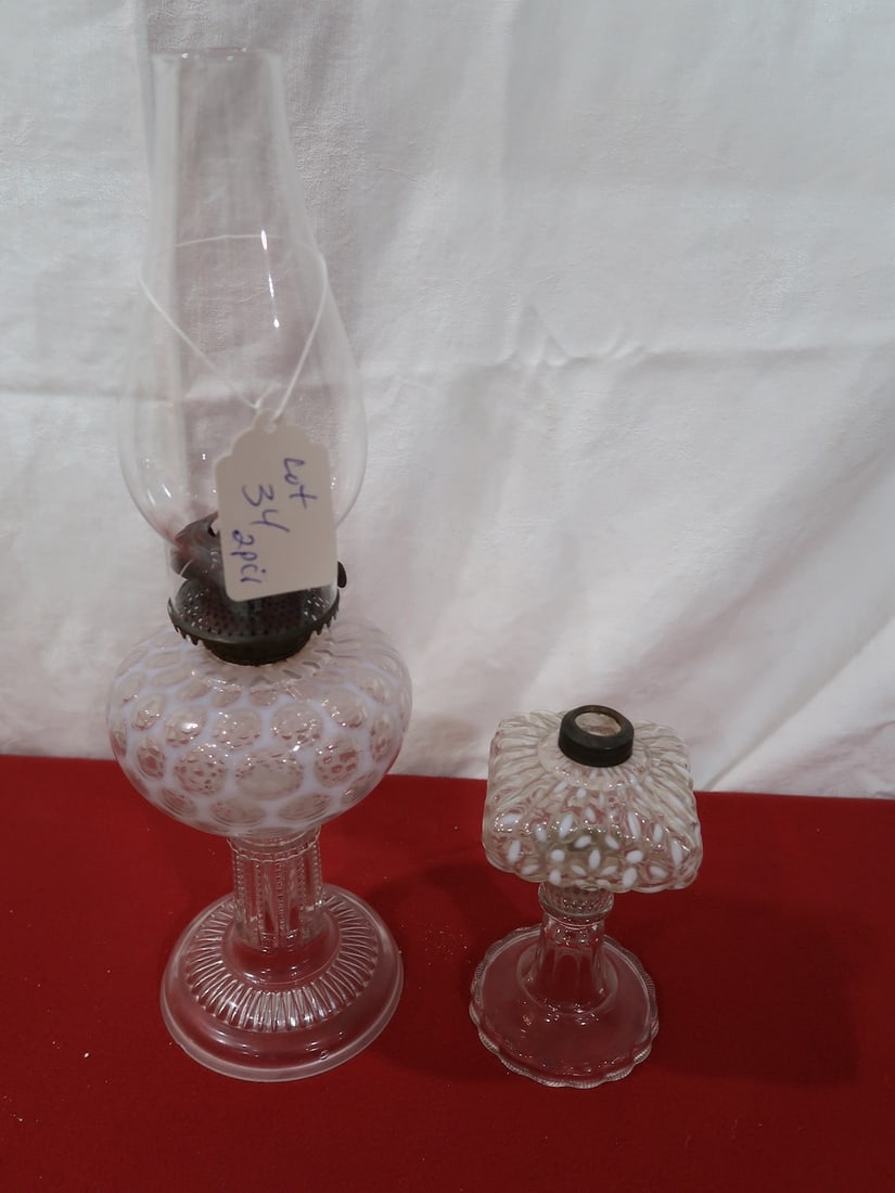 Two Opalescent Hobnail Kerosene Lamps (1 of 3)
