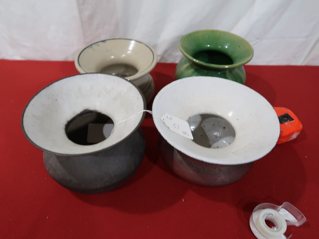 4 Early Spitoons (2 Cast Iron ,2 Crockery (1 w/ Hairline Crack as Pictured) (1 of 4)