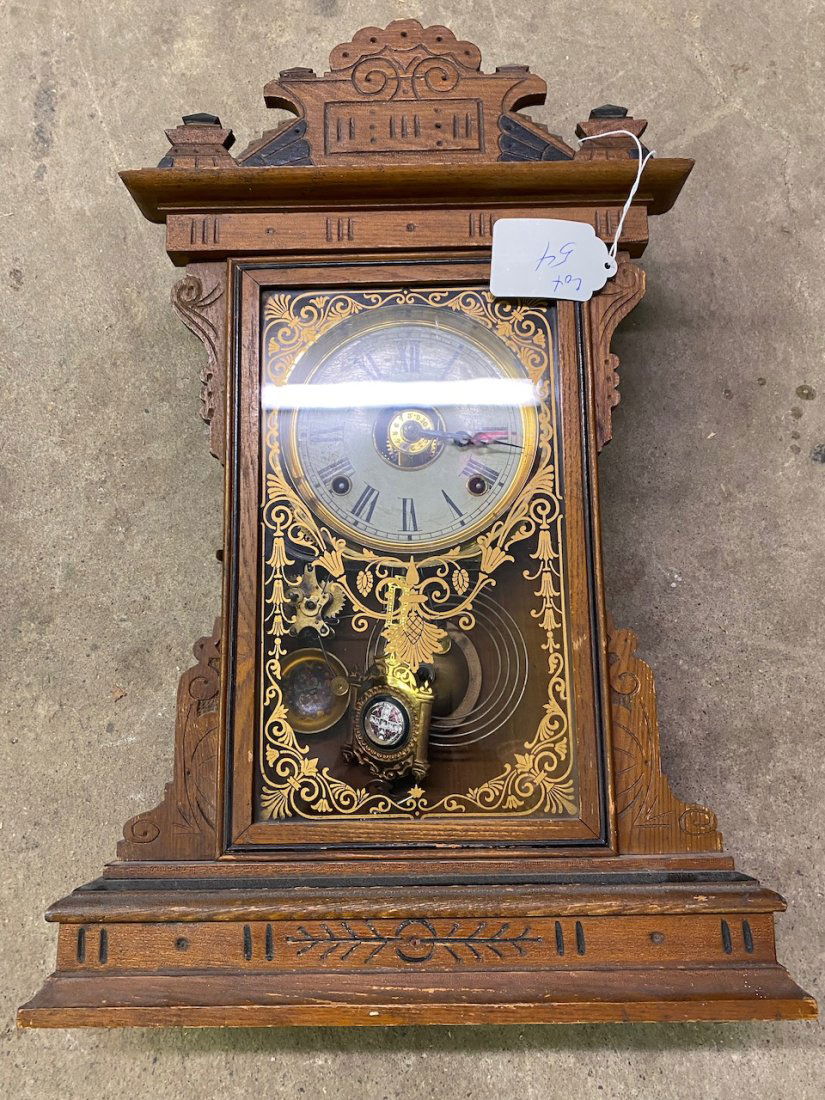 Victorian Oak Kitchen Clock w/ Enameled Pendulum (1 of 3)