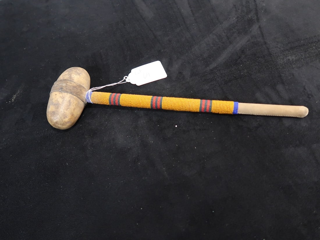 Native American Beaded War Club: 16" L x 5" Hammer