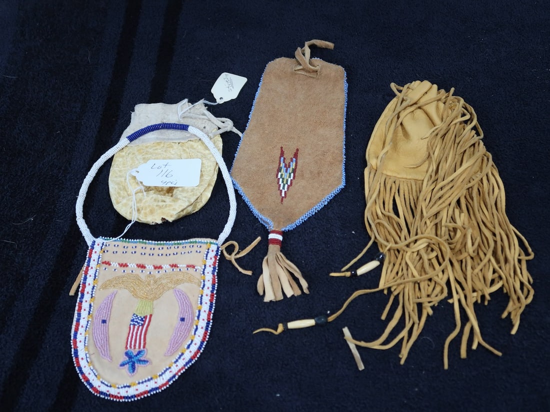 4 Native American Leather Bags - 1 w/ Eagle Bead Work (1 of 4)
