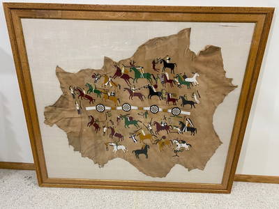 Large Framed Native American Beaded Deer Skin Art