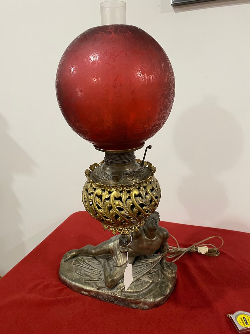 Unusual Figural Banquet Lamp w/ Acid Etched Floral Globe (1 of 4)