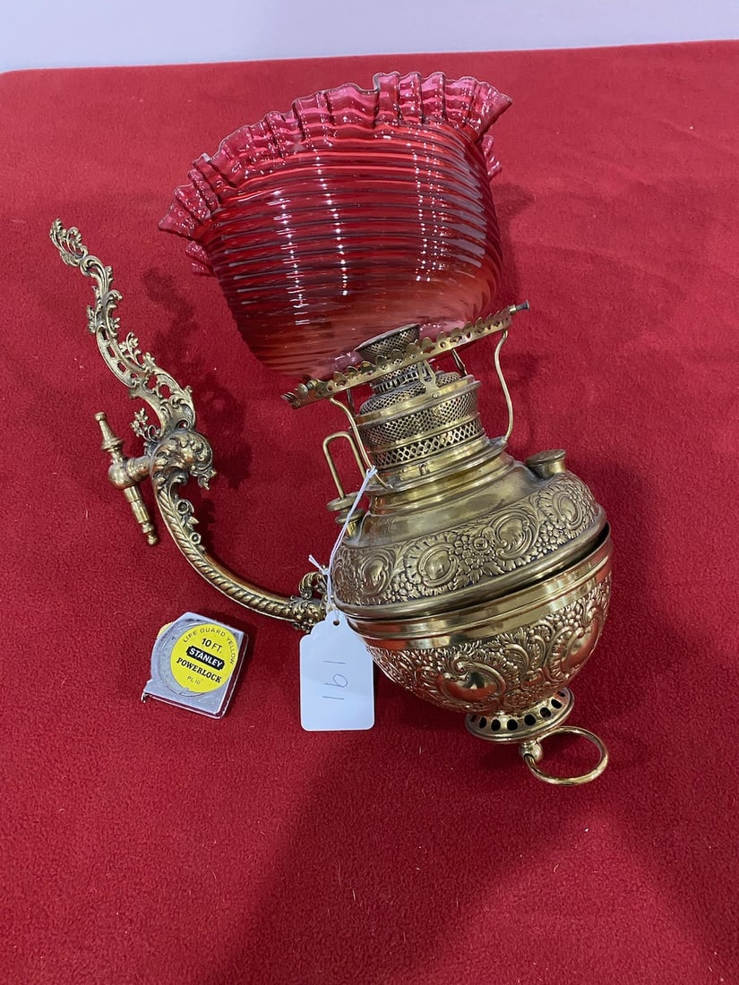 Signed Miller Ornate Victorian Kerosene Wall Sconce w/ Large Ruffled Cranberry Shade w/ Red Hobnail (1 of 5)