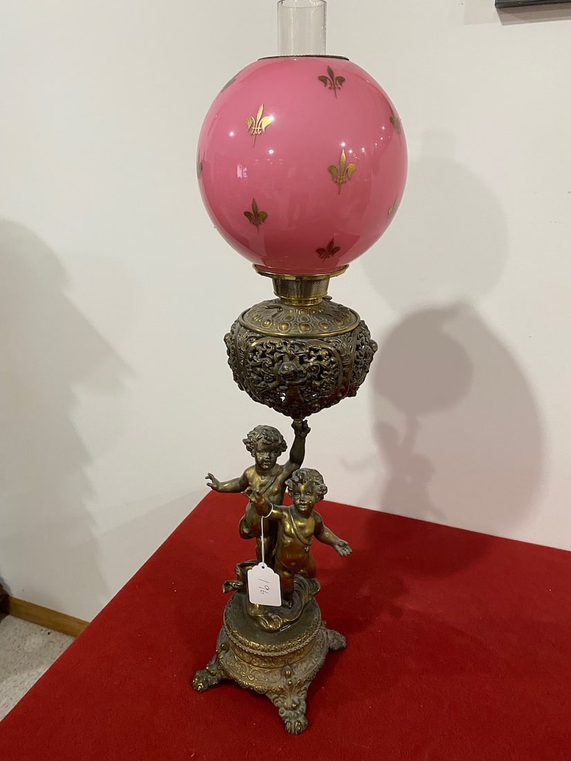 Double Figural Banquet Lamp w/ Pink Case Glass Shade (1 of 3)