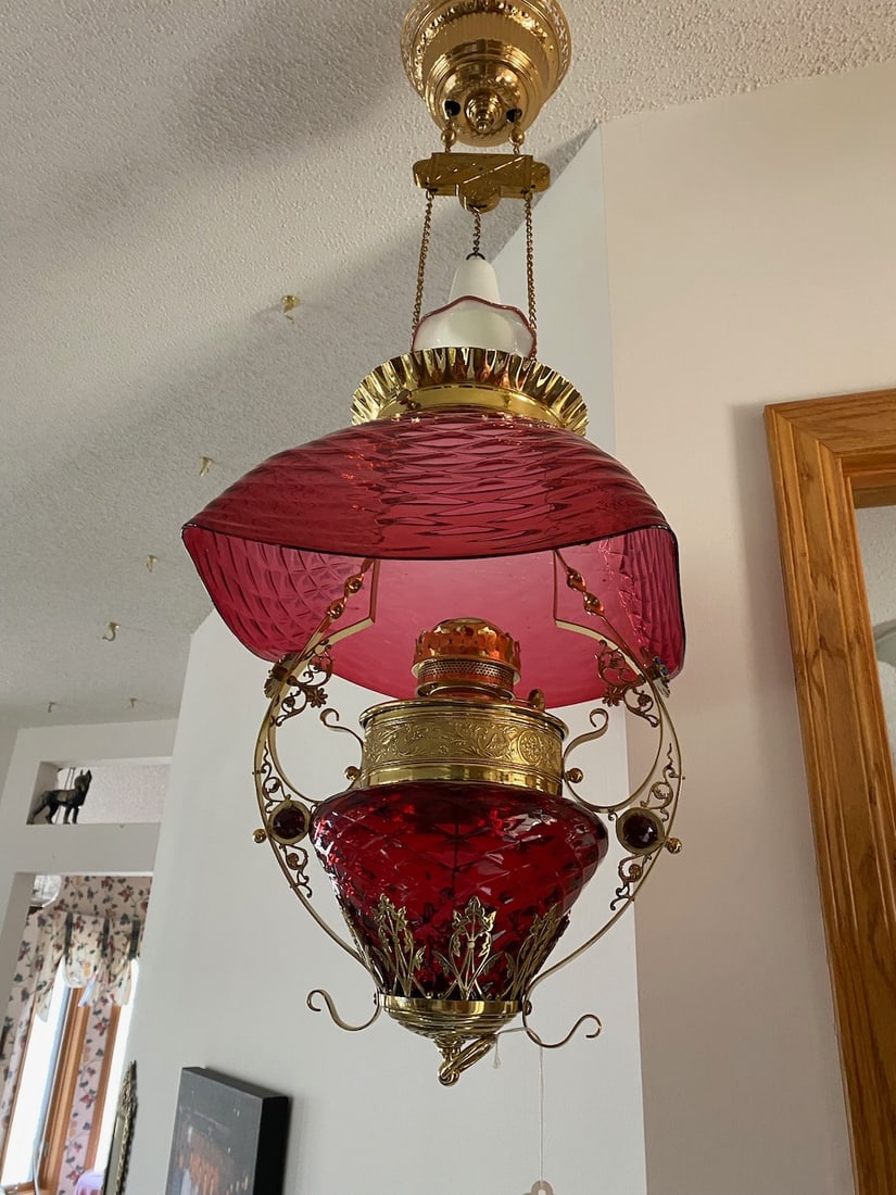 Rare Red Swirl Petty Coat Victorian Hanging Lamp w/ Matching Swirled Faunt (1 of 4)