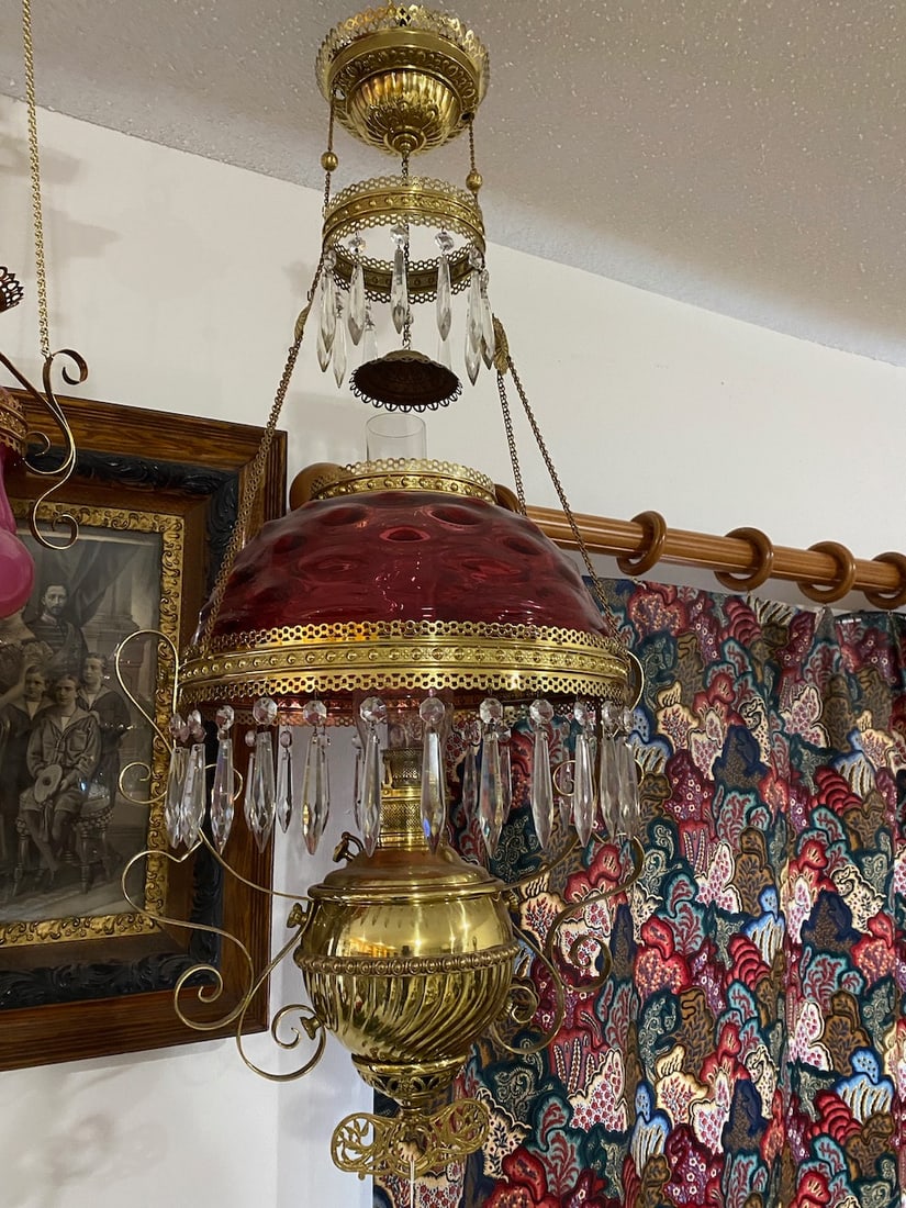 Victorian Hanging Lamp w/ Cranberry Shade (1 of 3)