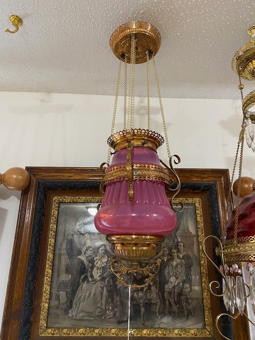 Pink Victorian Hanging Hall Light w/ Original Kerosene Interior (1 of 3)