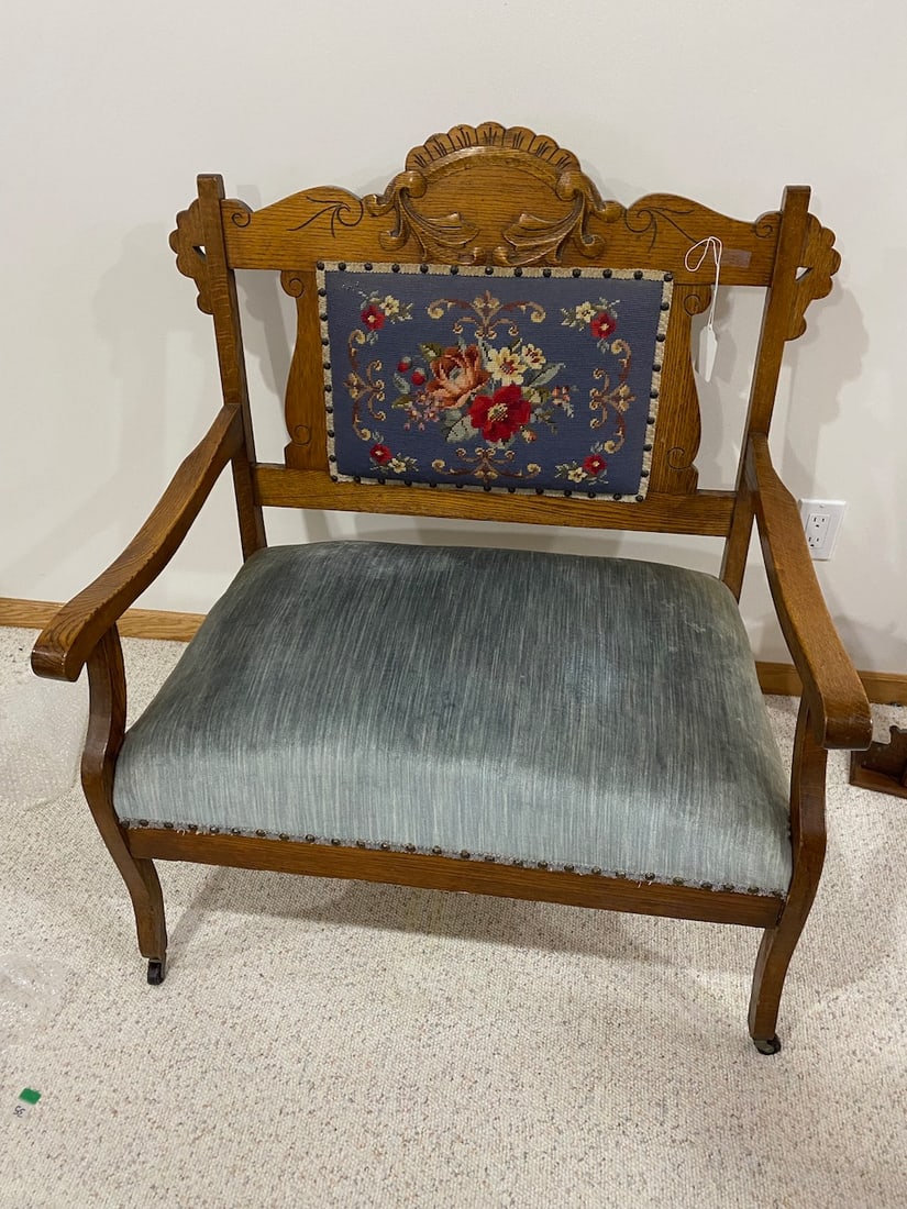 Carved Oak Needlepoint Love Seat: 38" Tall x 36" Wide x 22" Deep