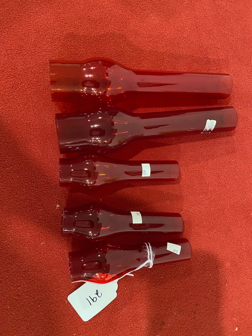 5 Ruby Glass Chimneys: Largest: 10.5" x 2" Burner Base