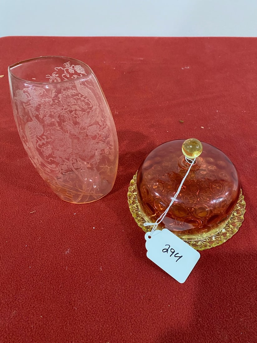 Unusual Peacock Acid Etched Vase & Amberiana Butter Dish (1 of 3)