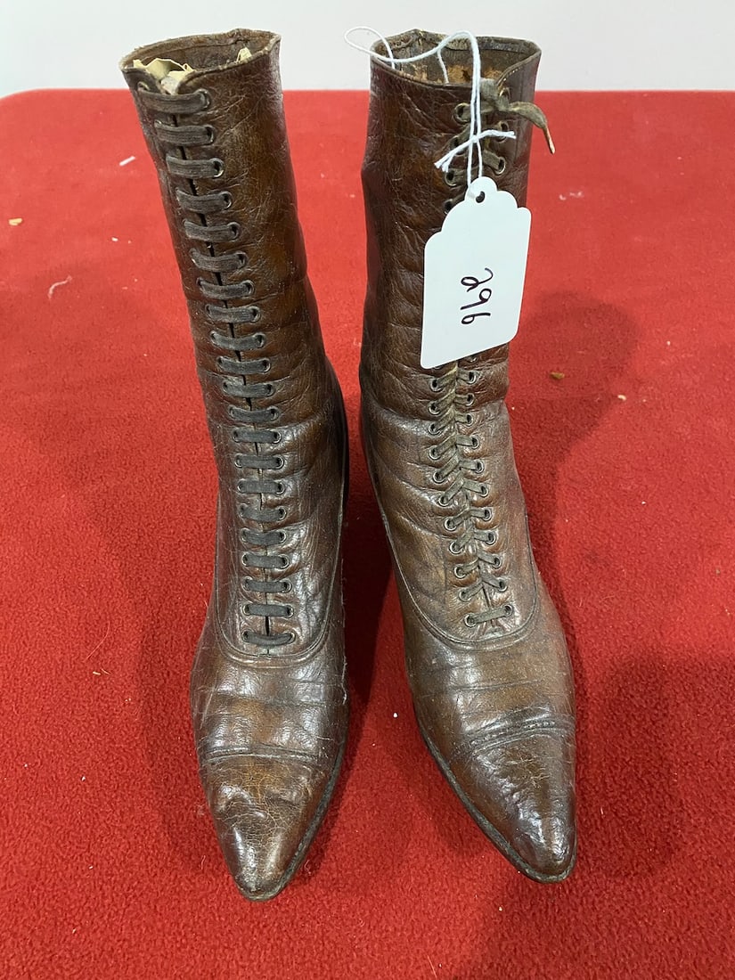 Early Pair of Women's Leather Shoes: 10" T x 10" L