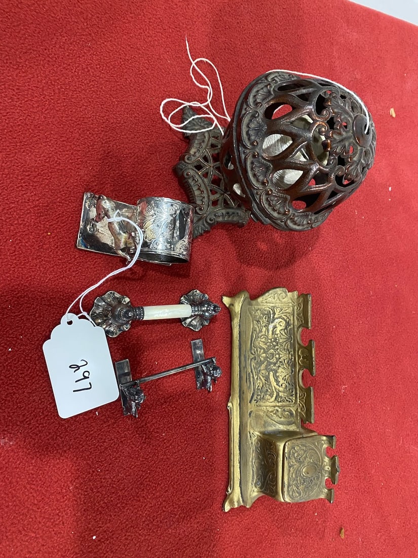 5 Early Victorian Items - String Holder, Ink Well, Knife Rests, Knapkin Ring (1 of 4)