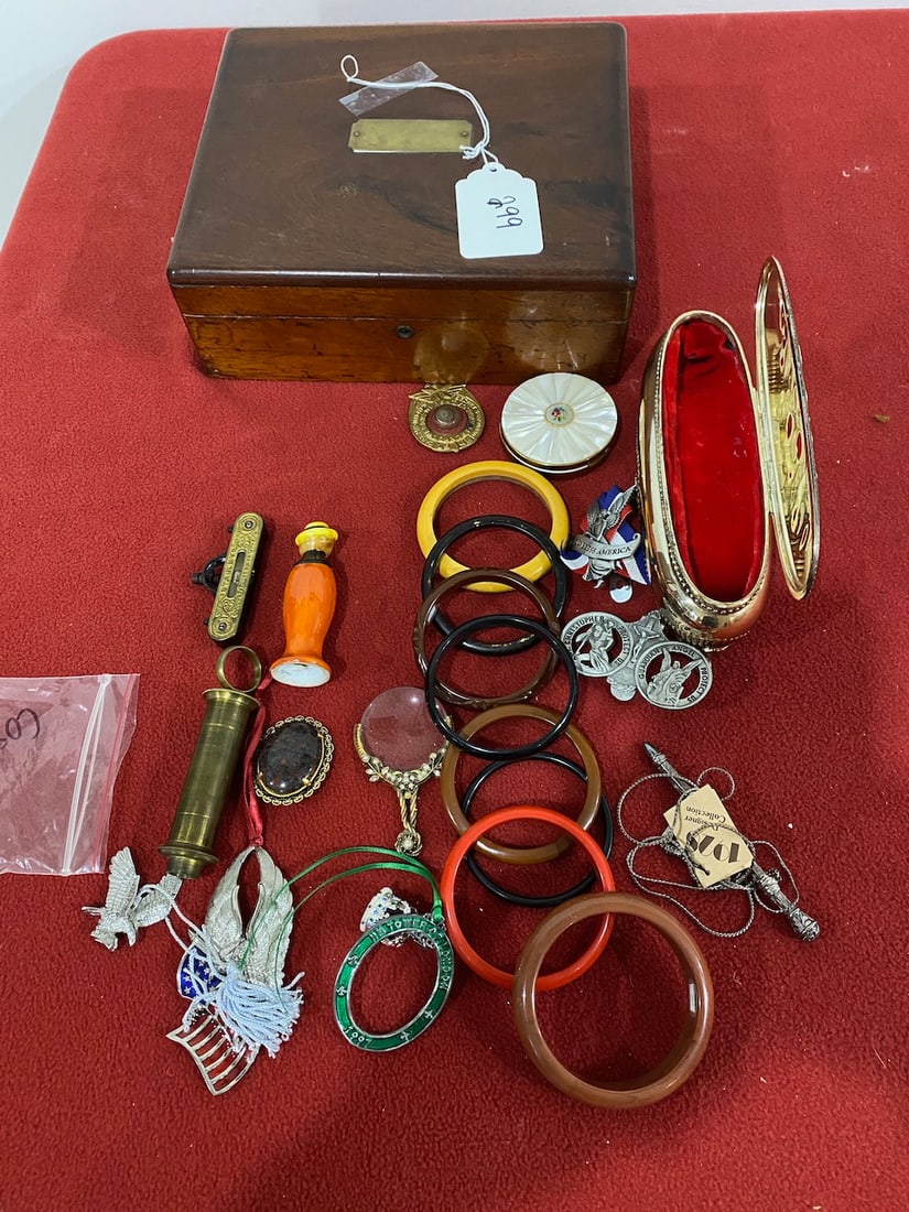 Early Jewelry w/ Cigar Humidor Box: Various
