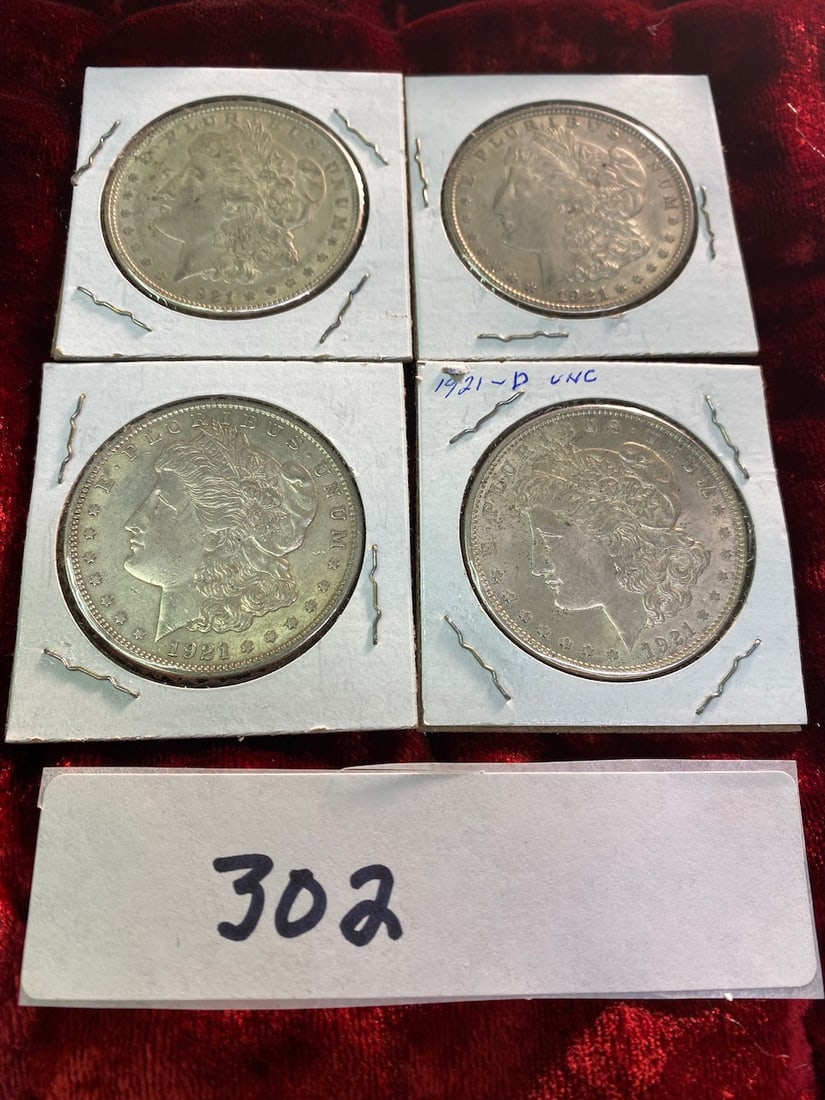 4 Silver Dollars- Dated: 1921 (1 un-circulated) (1 of 2)